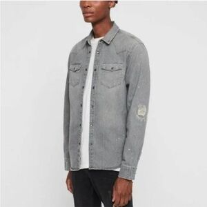All Saints Gino Denim Jean Distressed Splatter Top shirt large